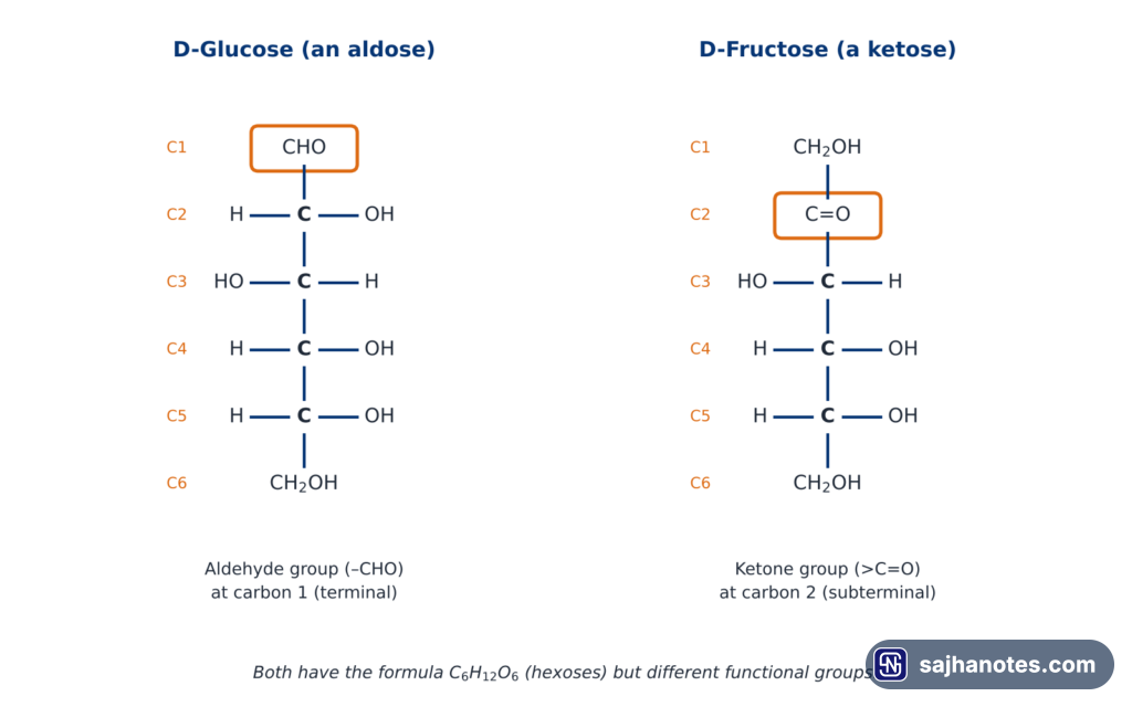 Open-chain structures of D-glucose with an aldehyde group at carbon 1 and D-fructose with a ketone group at carbon 2.